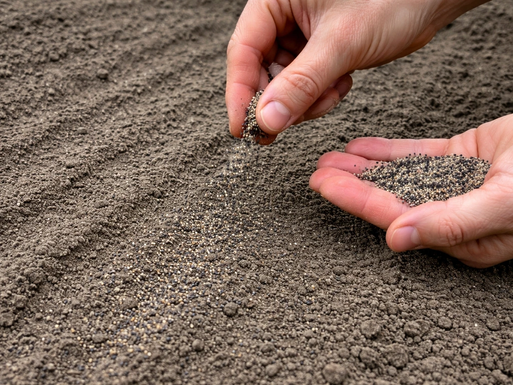 Cupped hands mixing tiny poppy seeds with fine sand and sprinkling them lightly on a raked seedbed.