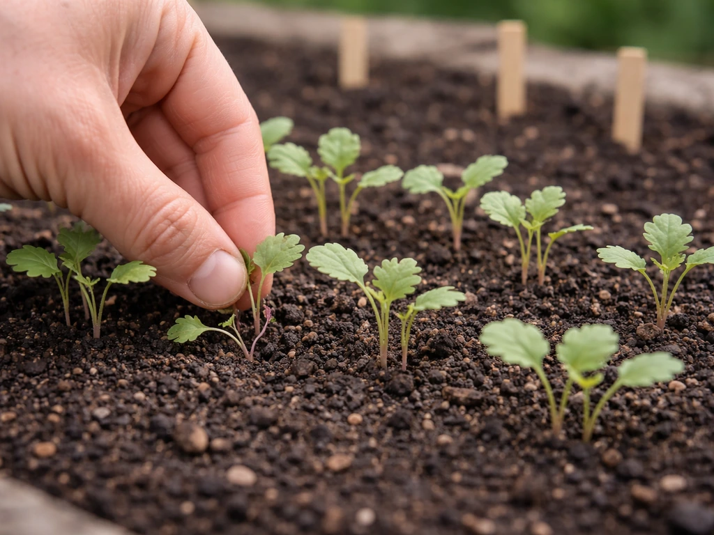 Close-up of thinning poppy seedlings in soil with spacing markers softly blurred in the background.
