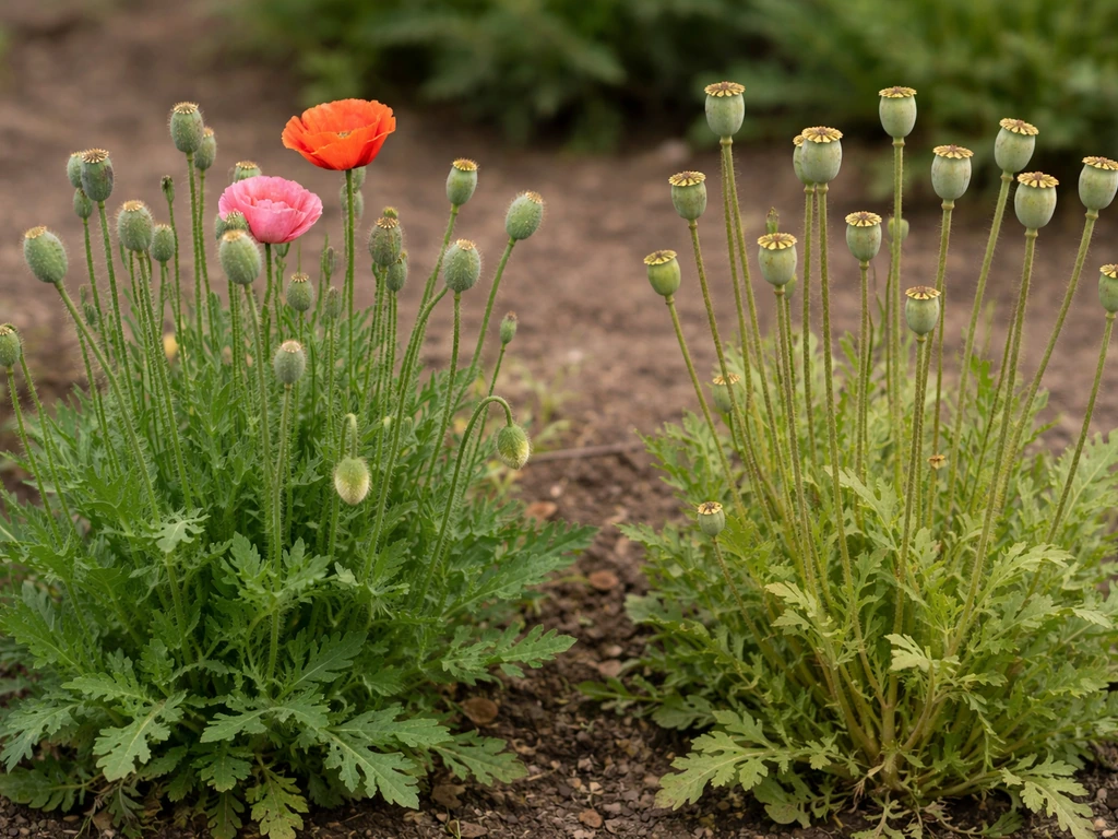 Two adjacent poppy plants: one deadheaded, one with maturing green-to-tan seed pods.