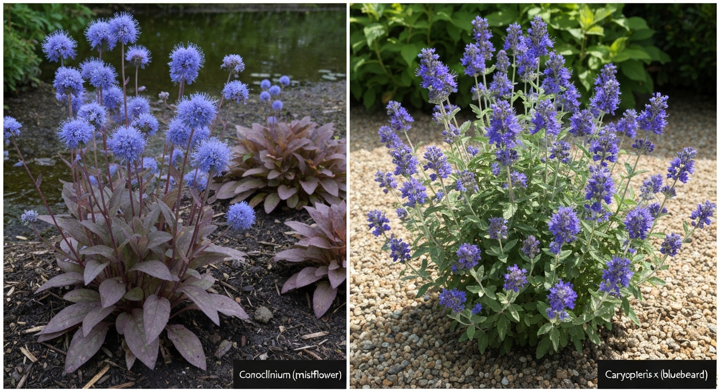 Split photo: left—mistflower (Conoclinium) with fluffy blue-violet corymbs, broad toothed leaves, moist soil; right—bluebeard (Caryopteris) compact woody mound with grey-green leaves and tubular blue flowers in gravelly sunlit soil.