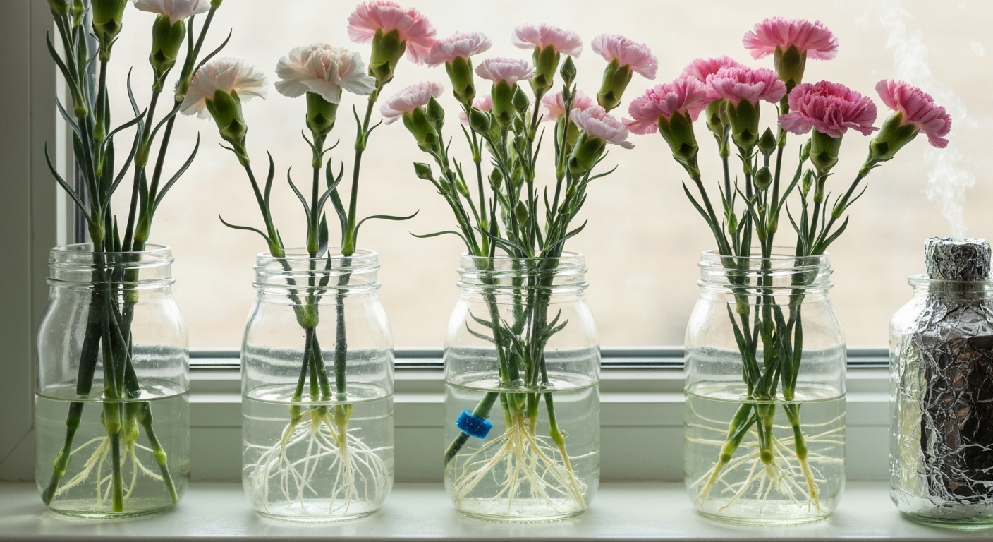 Carnation cuttings rooting in clear jars on a windowsill with visible white roots and a small airstone.