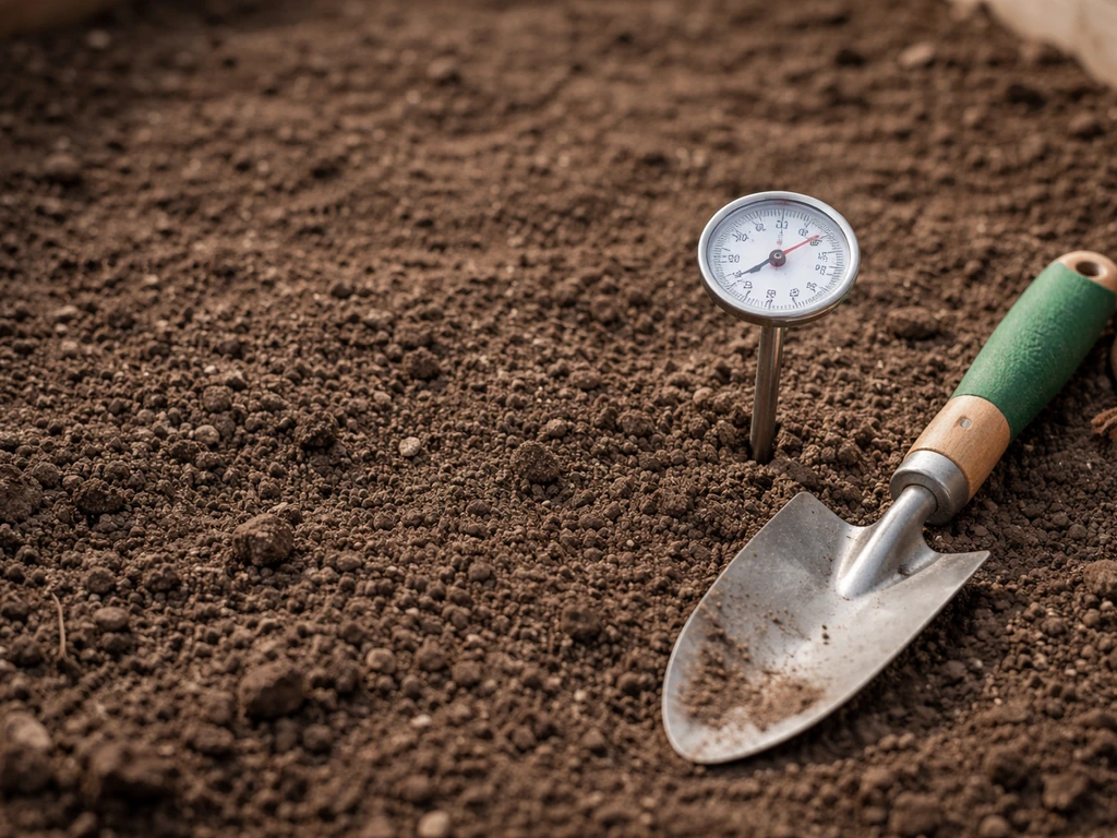 Garden trowel and a soil thermometer checking cool ground for marigold seed germination