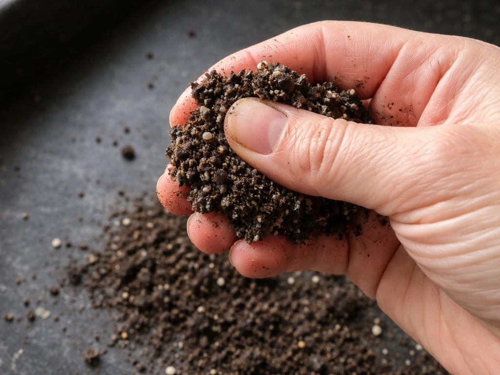 Hand squeezing seed-starting mix to show it’s damp but not dripping.
