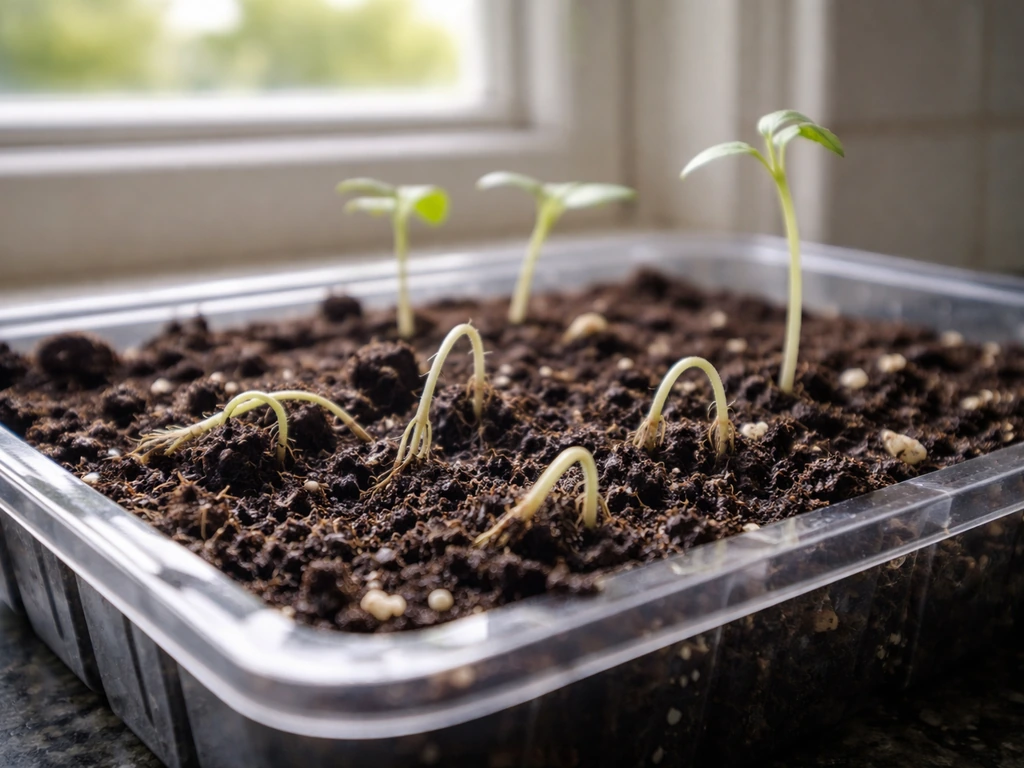 Close-up of a seedling tray where some seedlings have collapsed near the soil line from damping off.