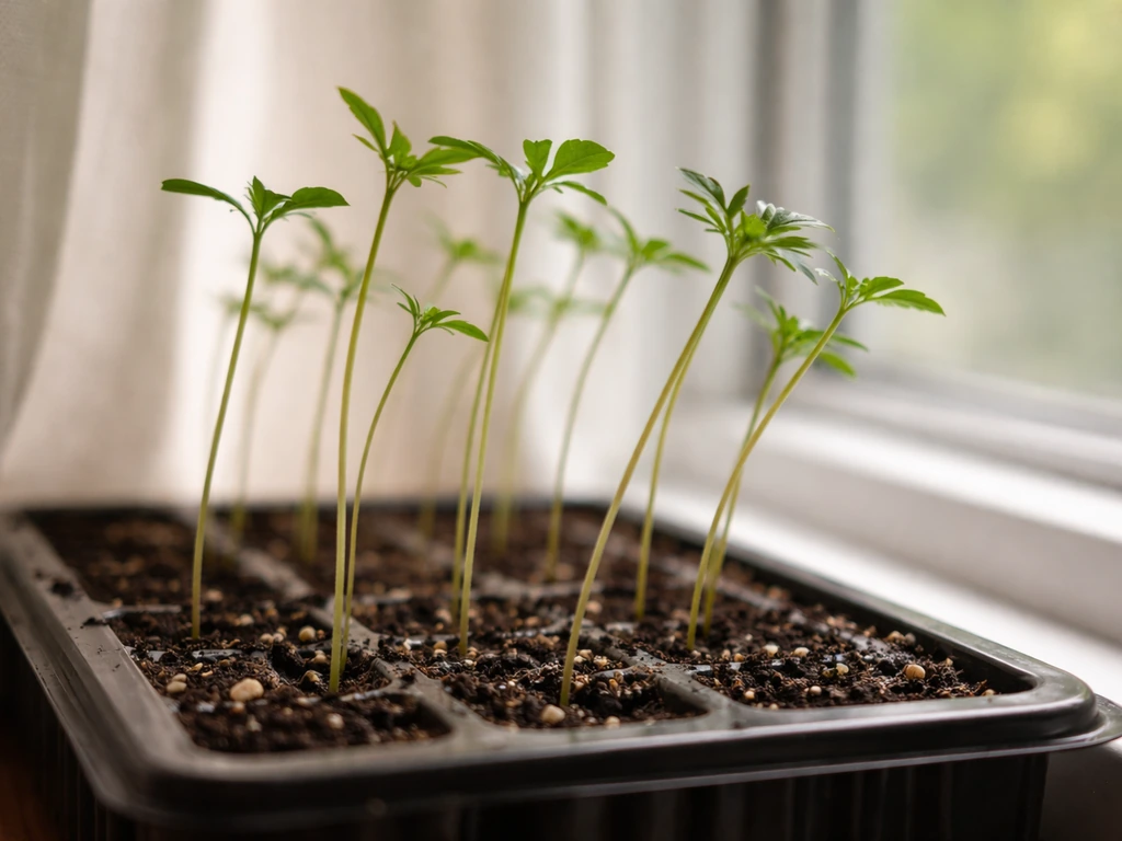 Marigold seedlings in a small tray leaning toward a window, showing legginess from insufficient light.