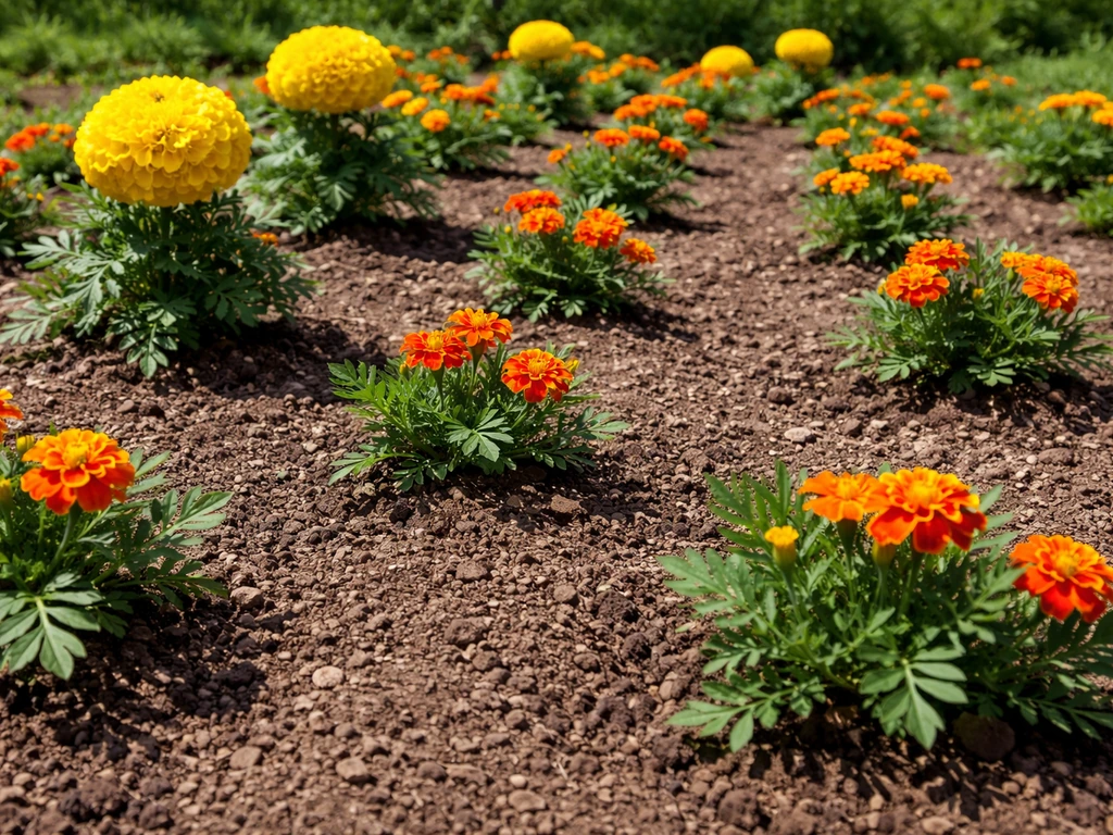 Full-sun marigold bed with plants spaced clearly apart, showing healthy growth and spacing