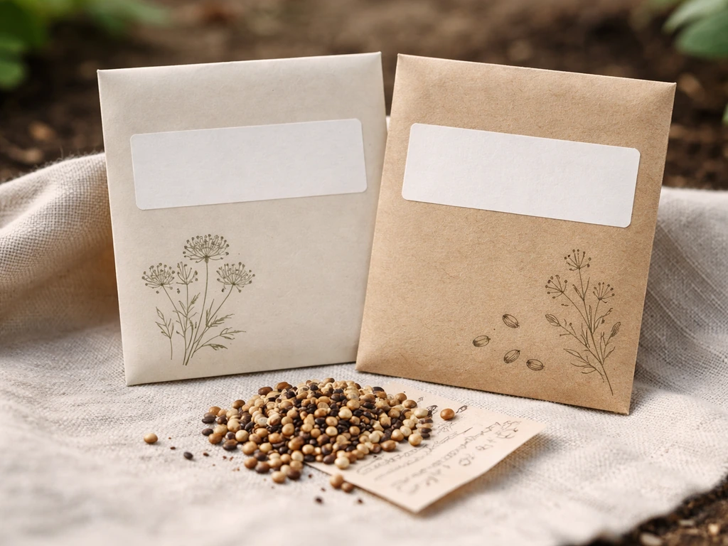 Close-up of seed packets and loose Cynoglossum officinale seeds on a wooden table, showing plant alias names