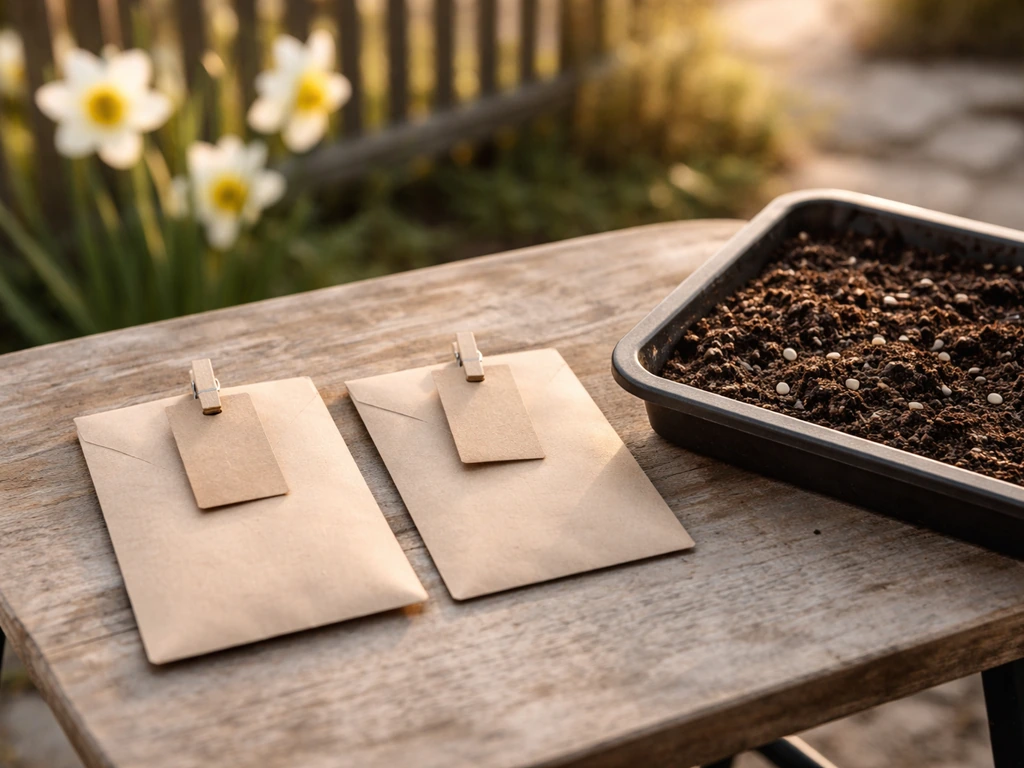 Seed envelopes and a soil tray on a garden table with blank tags, softly lit by spring morning light.