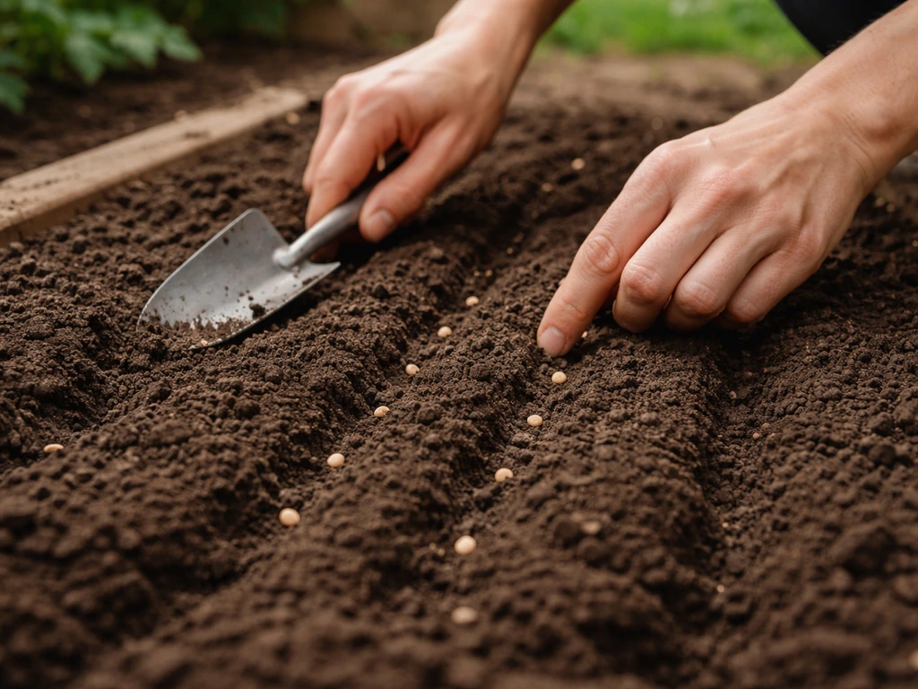 Gardener’s hands loosen soil and press visible seeds into an outdoor bed surface
