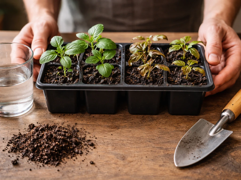 Gardener’s hands near stressed and healthy seedlings with watering cup and soil, minimal close-up troubleshooting scene