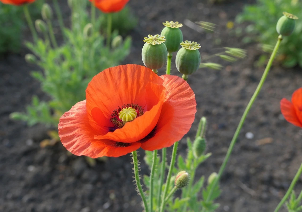 Close-up of vibrant corn poppy flowers outdoors with visible seed pods on the stems.