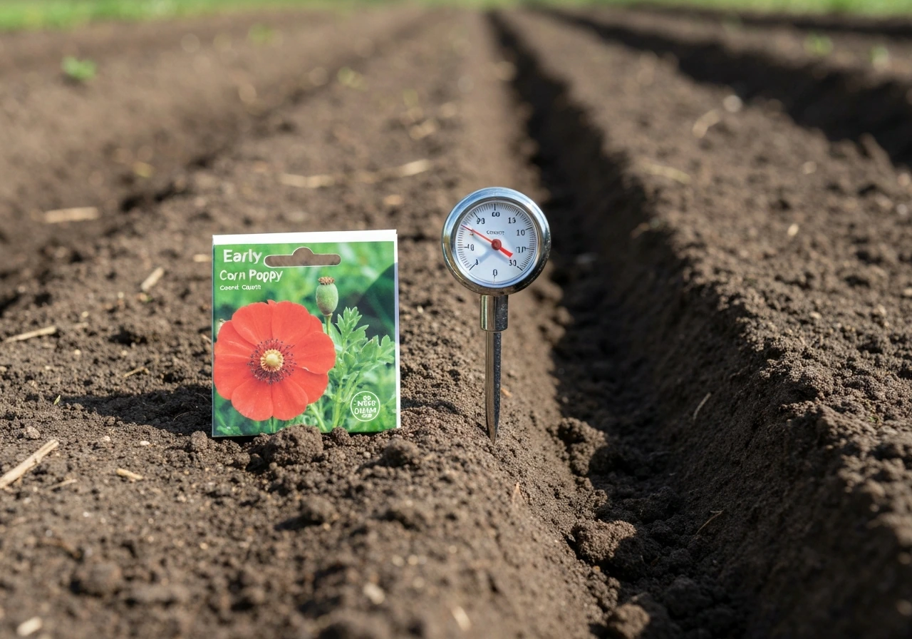 Cool-soil garden bed with a soil thermometer probe and a seed packet ready for direct sowing.