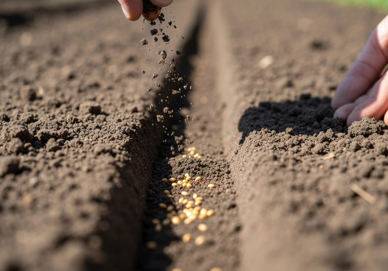 Close-up of seeds in a shallow soil furrow, lightly covered in a prepared garden bed.