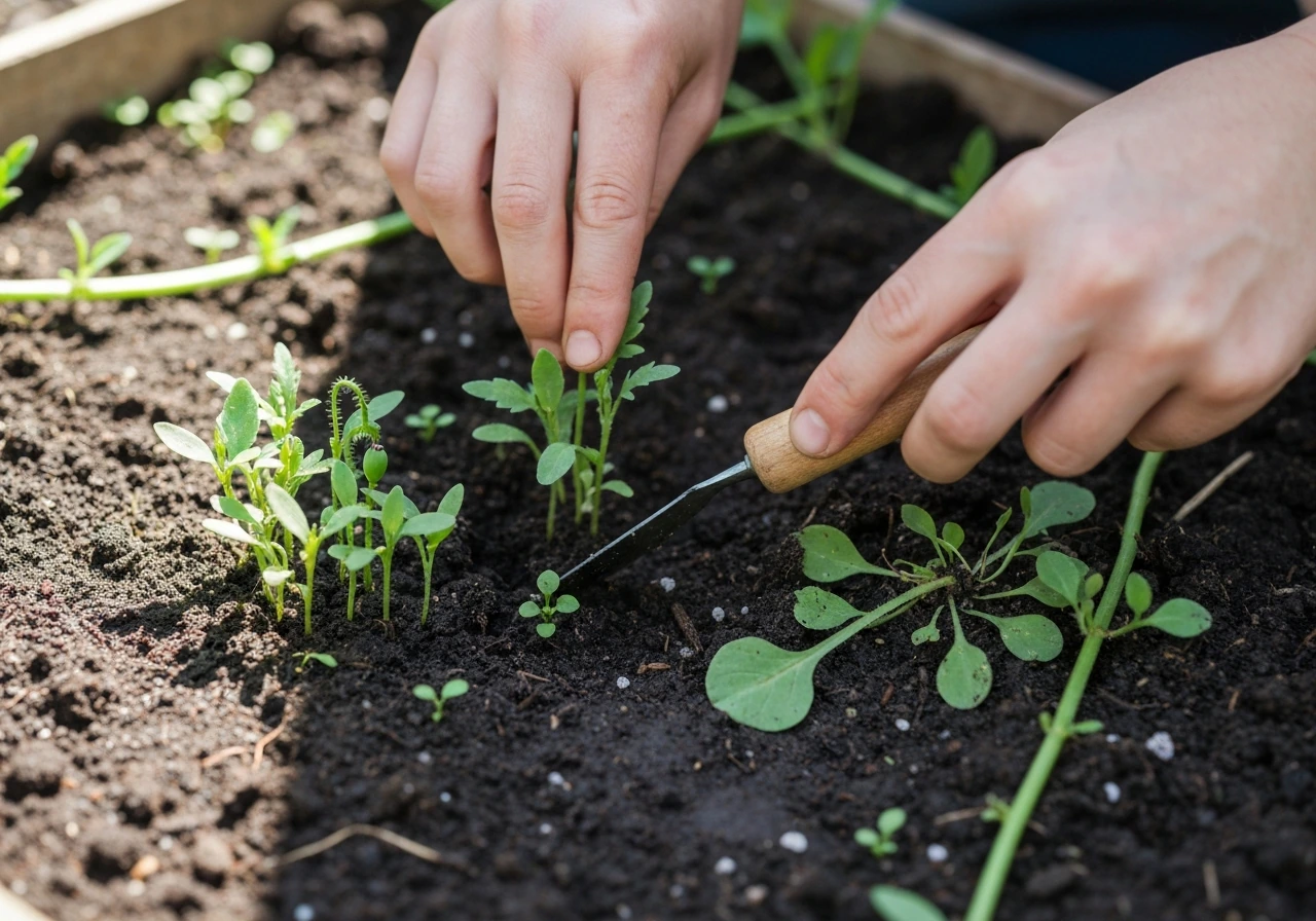 Hands gently thinning crowded corn poppy seedlings in a small garden bed, weeds removed around them.