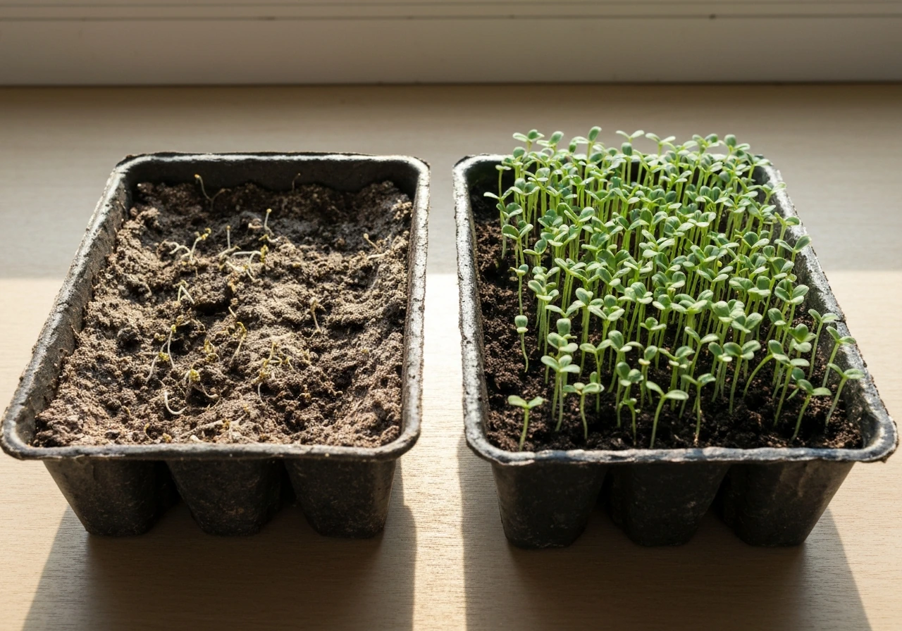 Two seed trays side-by-side: left sparse sprouts in dry soil, right healthier seedlings in moist soil.