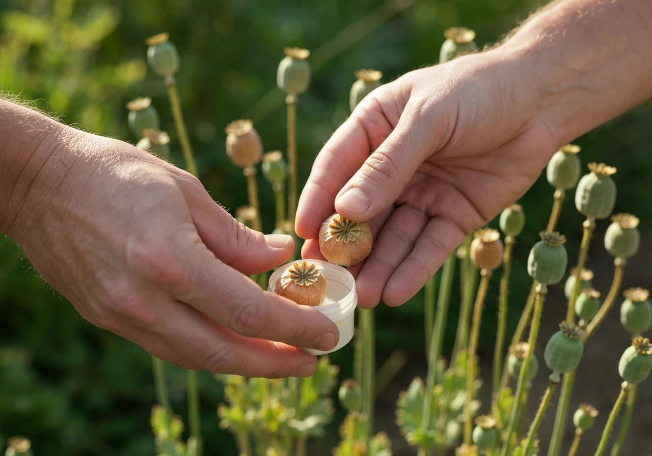 Hands holding tan, papery corn poppy seed capsules over a container, gently shaking seeds
