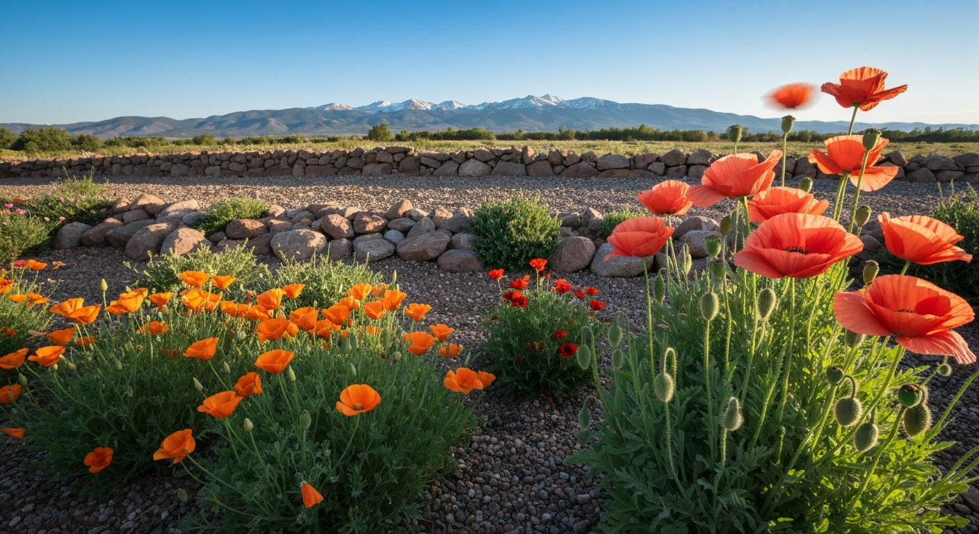 Mixed patch of California, Flanders, and Oriental poppies blooming in a Colorado foothills setting with rocky soil and distant snow-capped mountains.