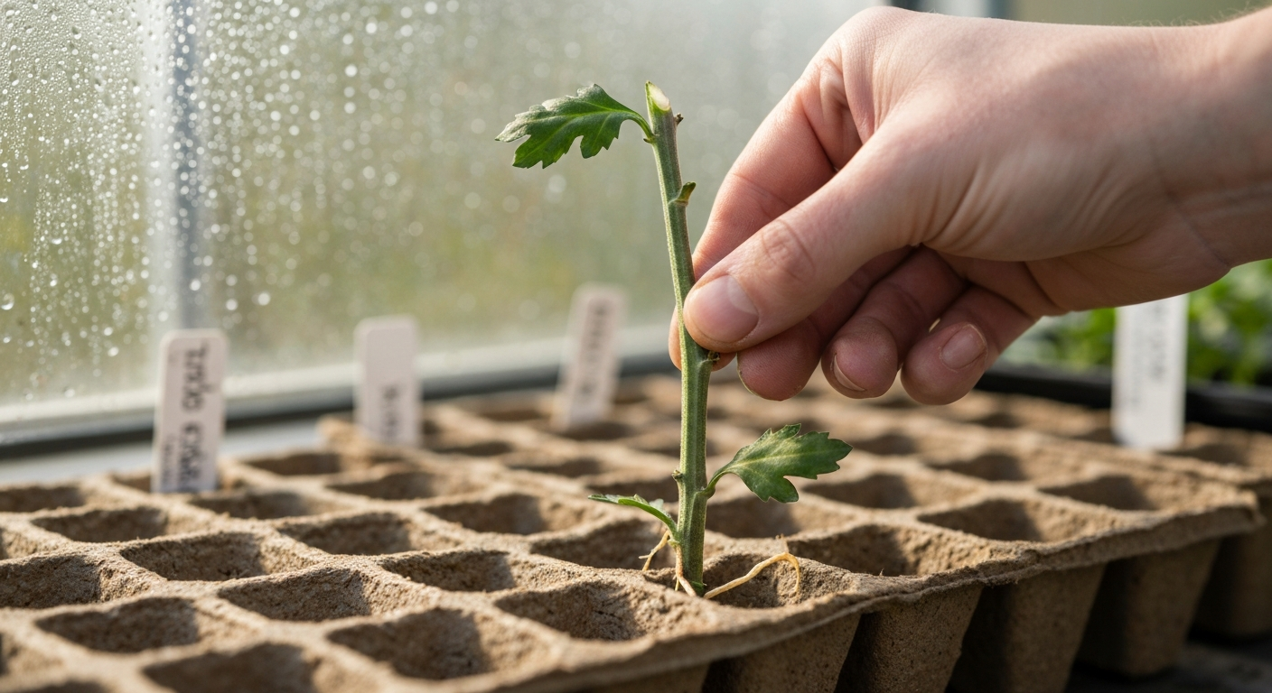 Hand inserting a chrysanthemum stem cutting into a peat-perlite plug tray under a propagation dome, showing rooting hormone on the cut base.