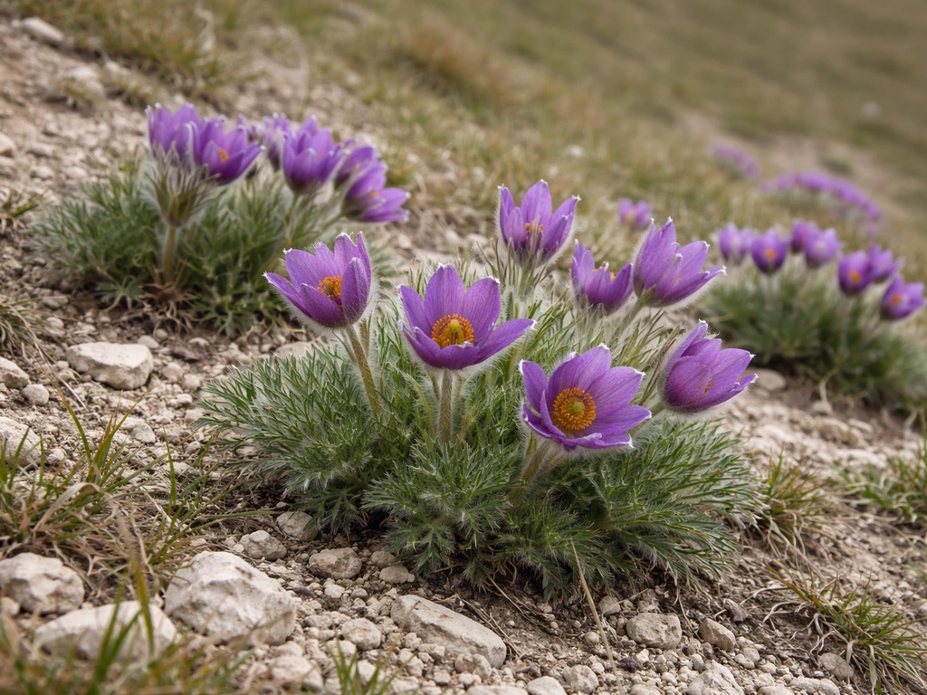 Pasque flowers in clumps growing in chalky grassland soil on a rocky slope.