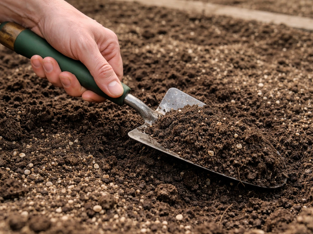Close-up of a trowel digging into dark soil mixed with pale coarse grit for drainage.