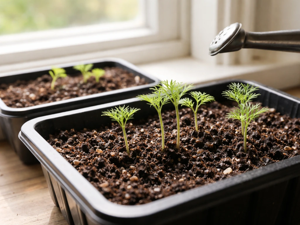 Healthy pasque seedlings on a windowsill beside a tray showing damping-off risk, with a watering can nearby.