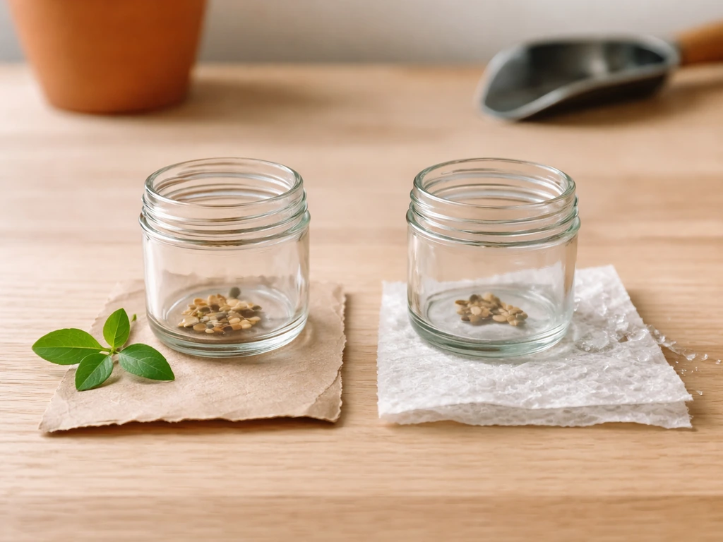 Two unlabeled seed jars on a wooden table with hints of fresh timing vs cold stratification setup.