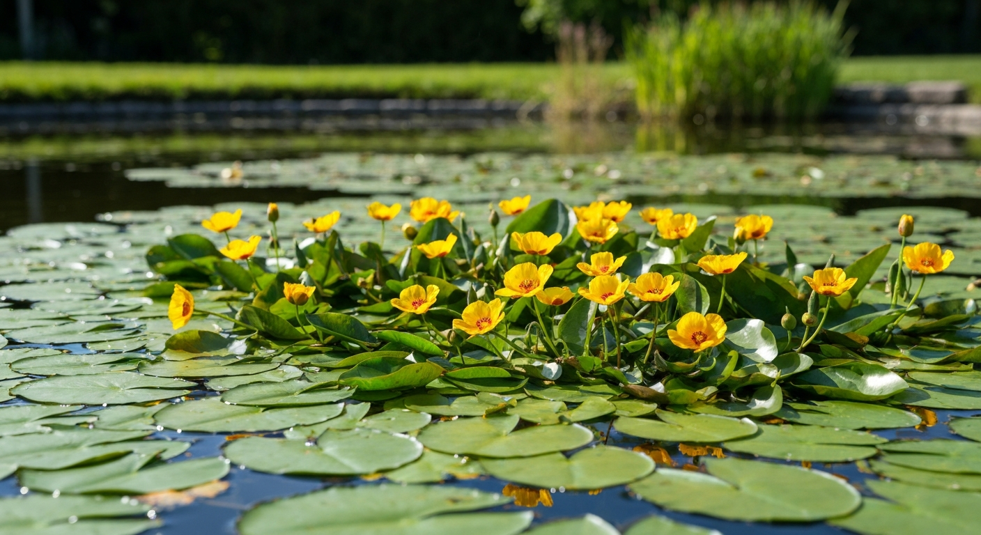 Sunlit backyard pond with floating water poppy plants and bright yellow three-petaled flowers.