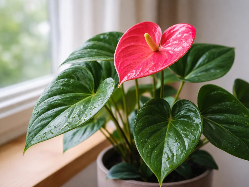 Healthy indoor flamingo plant with glossy leaves and a prominent pink-red bloom.