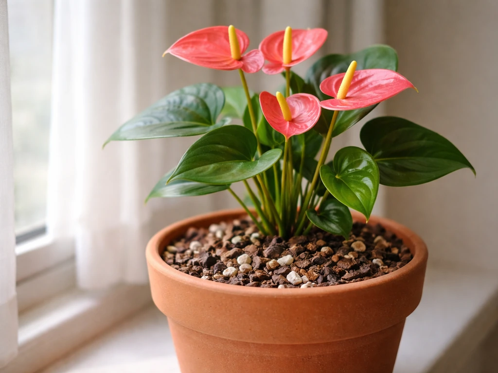 Close-up of an anthurium pot on a windowsill showing bright indirect light and chunky well-draining soil