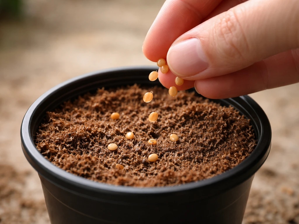 Close-up of anthurium seeds being sown into a small pot with light airy germination medium.