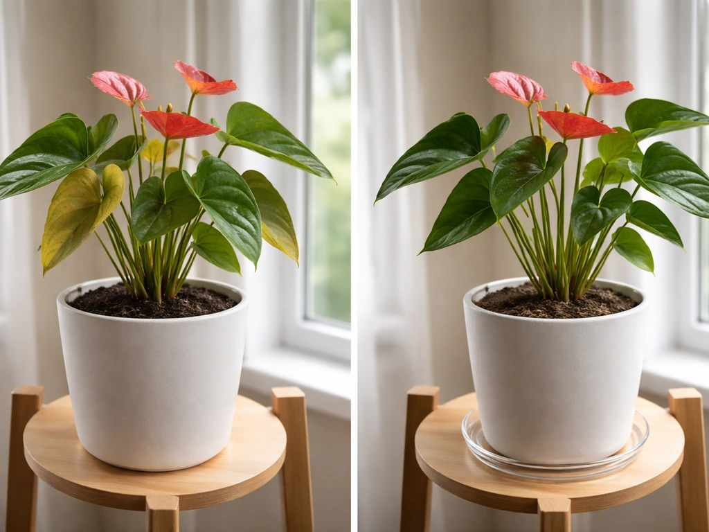 Before-and-after indoor anthurium: yellow drooping leaves from overwatering vs healthier leaves after drying and better