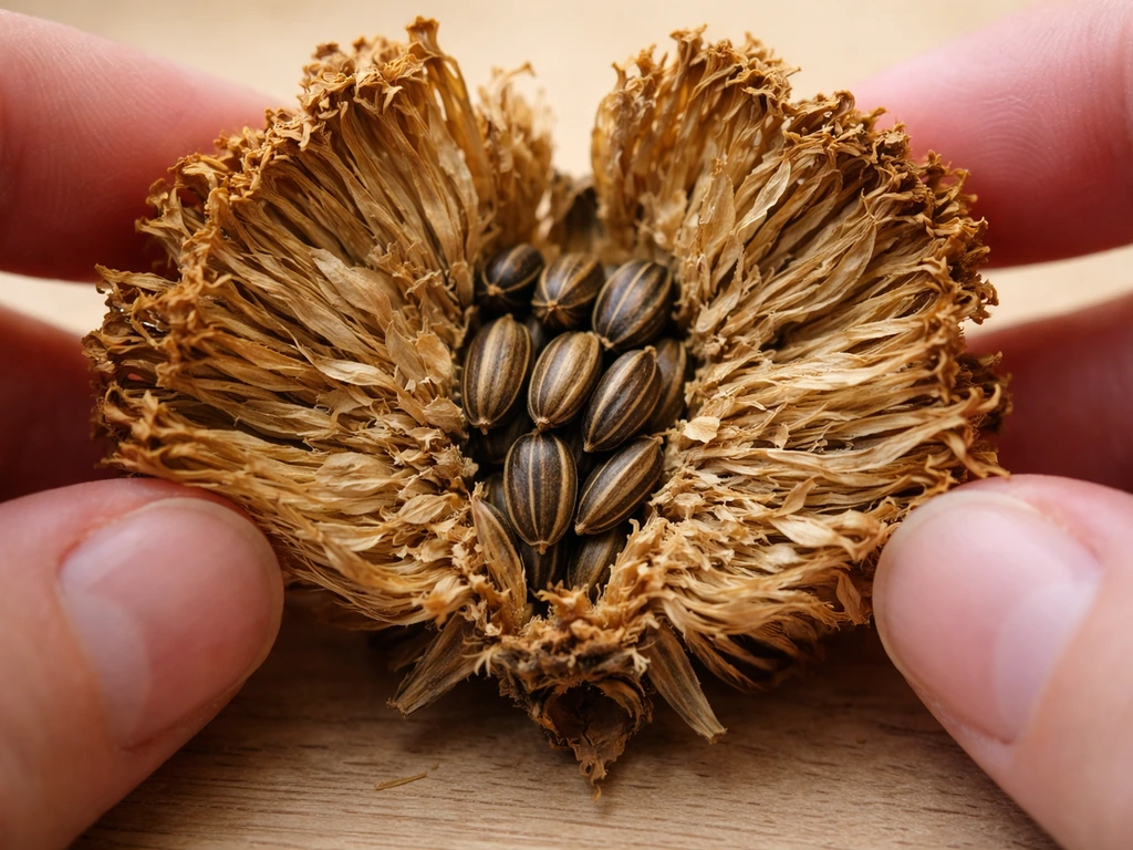 Close-up of marigold seed heads split open showing filled viable seeds and empty chaff.