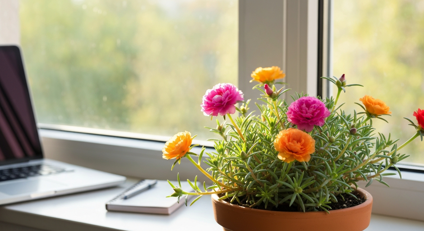Portulaca grandiflora (moss rose) in a small pot on a sunny office windowsill with colorful blooms.