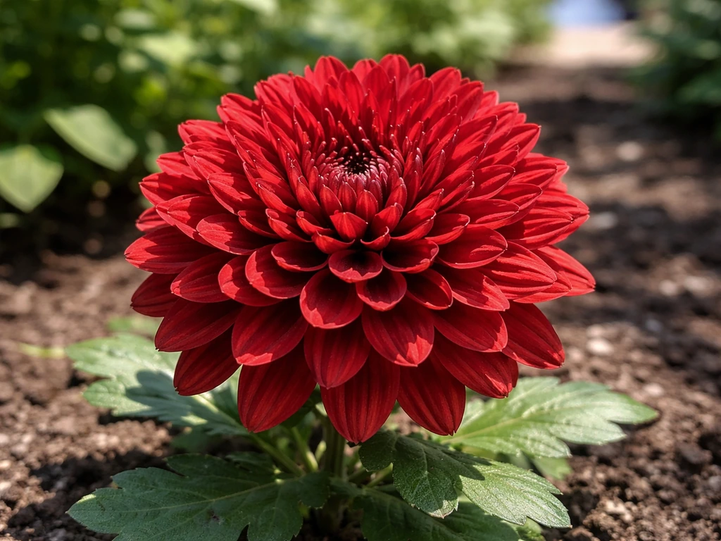 Close-up of a blooming red chrysanthemum in a sunny garden bed with dense petals and green leaves.