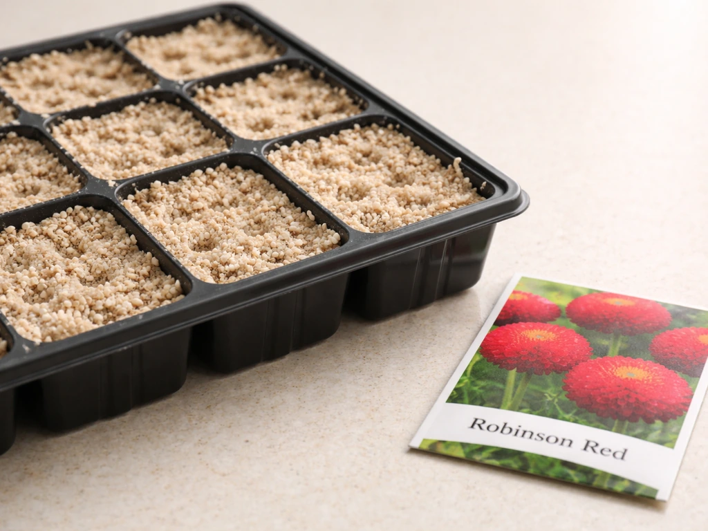Close-up of seed-starting trays with sterile seed-starting mix and a labeled seed packet on a table