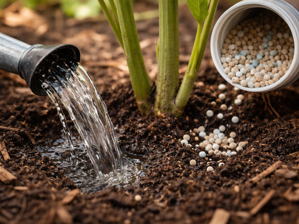 Watering can and fertilizer being applied to moist garden soil near a plant base.