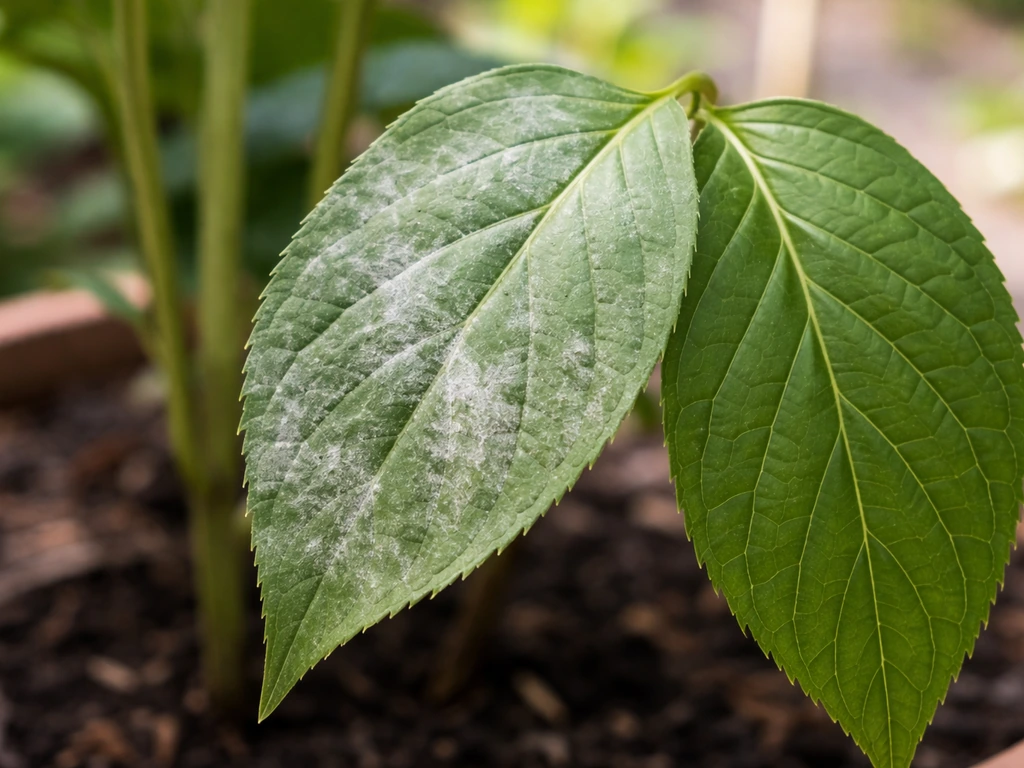 Close-up of a plant leaf with early gray-white powdery mildew patches beside a healthy green leaf