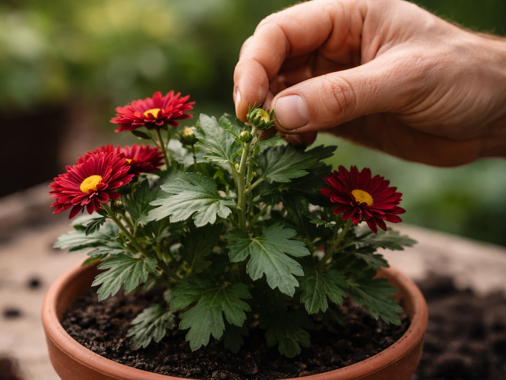 Gardener pinches the top of a small red chrysanthemum to encourage branching and more blooms.