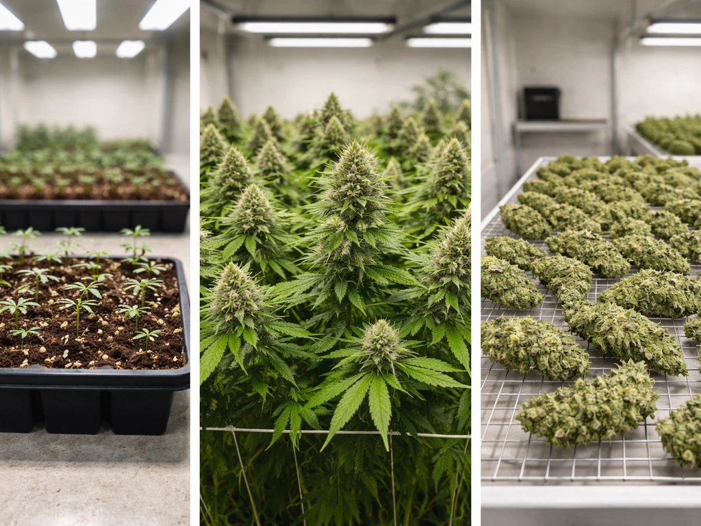 Grow room timeline showing seedling tray, canopy of plants, and harvested buds on a clean table