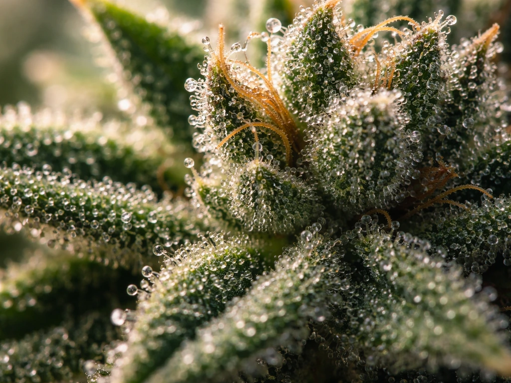 Macro close-up of glistening cannabis flower trichomes on dark green buds.