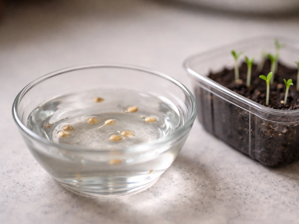 Small glass of soaking seeds beside a container with moist starter medium and tiny germinating seedlings.