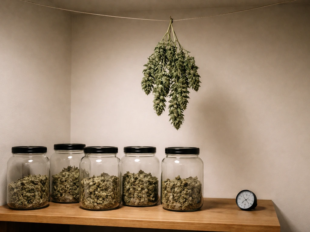 Upside-down cannabis branch hanging in a drying room with glass cure jars and a hygrometer nearby.