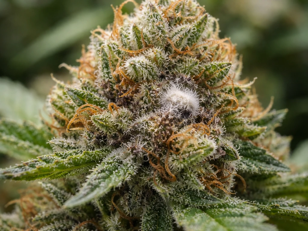 Macro photo of a dense cannabis bud showing gray moldy decay beginning to spread