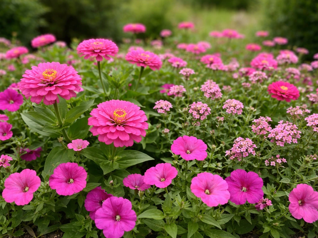 Vibrant garden bed with healthy pink flowers in bloom, showing a lush end result.