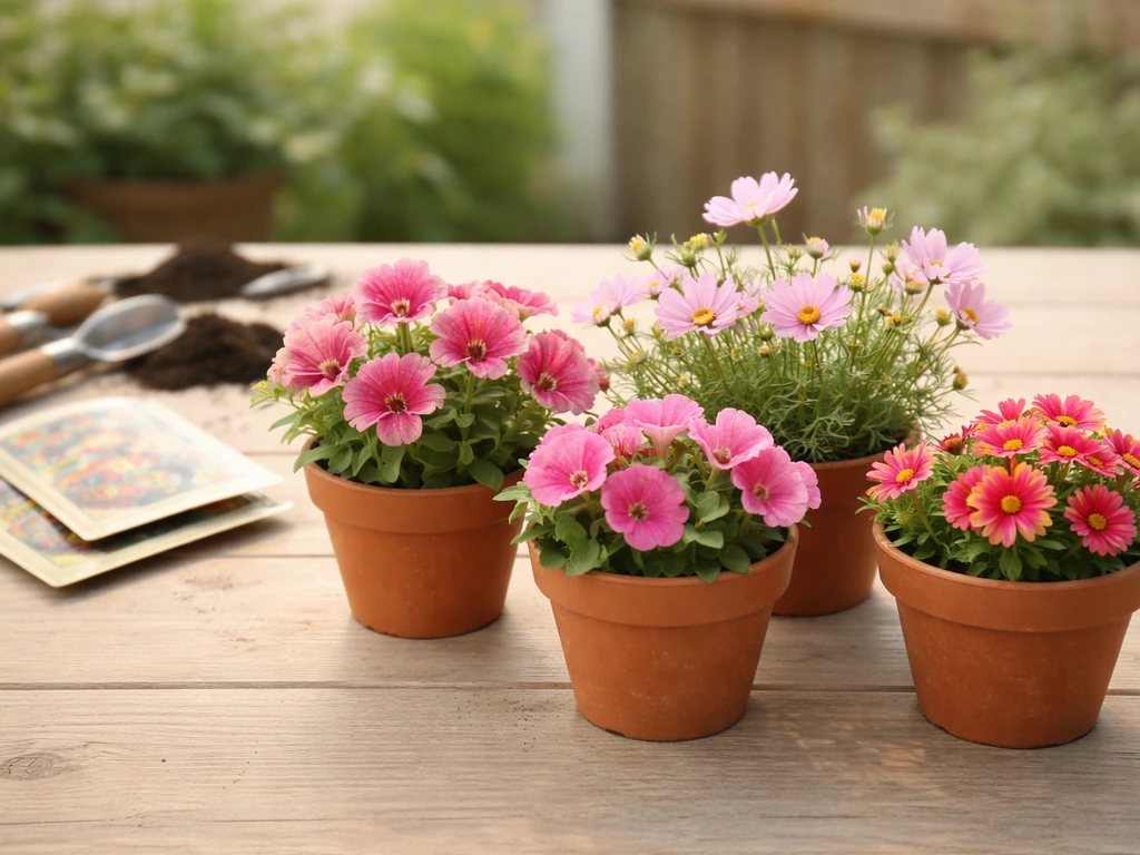 Small potted pink-flowering plants on a simple table, representing different garden varieties for choosing.
