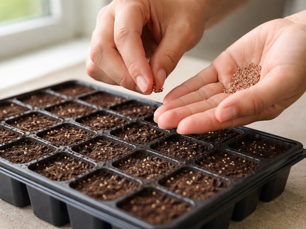 Hands sprinkle tiny pink petunia seeds onto the uncovered surface of a moist seed-starting cell tray.