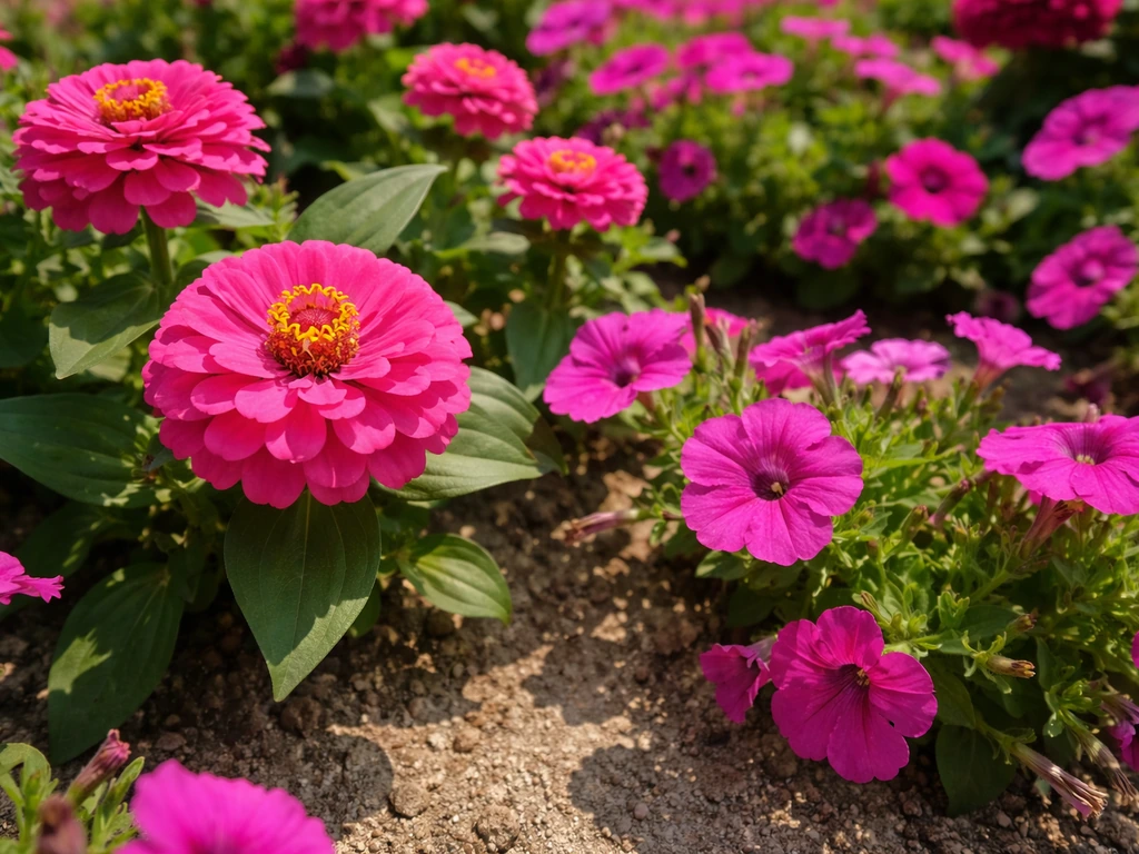 Pink zinnia and petunia flowers in a sunny garden bed with strong shadows on soil.