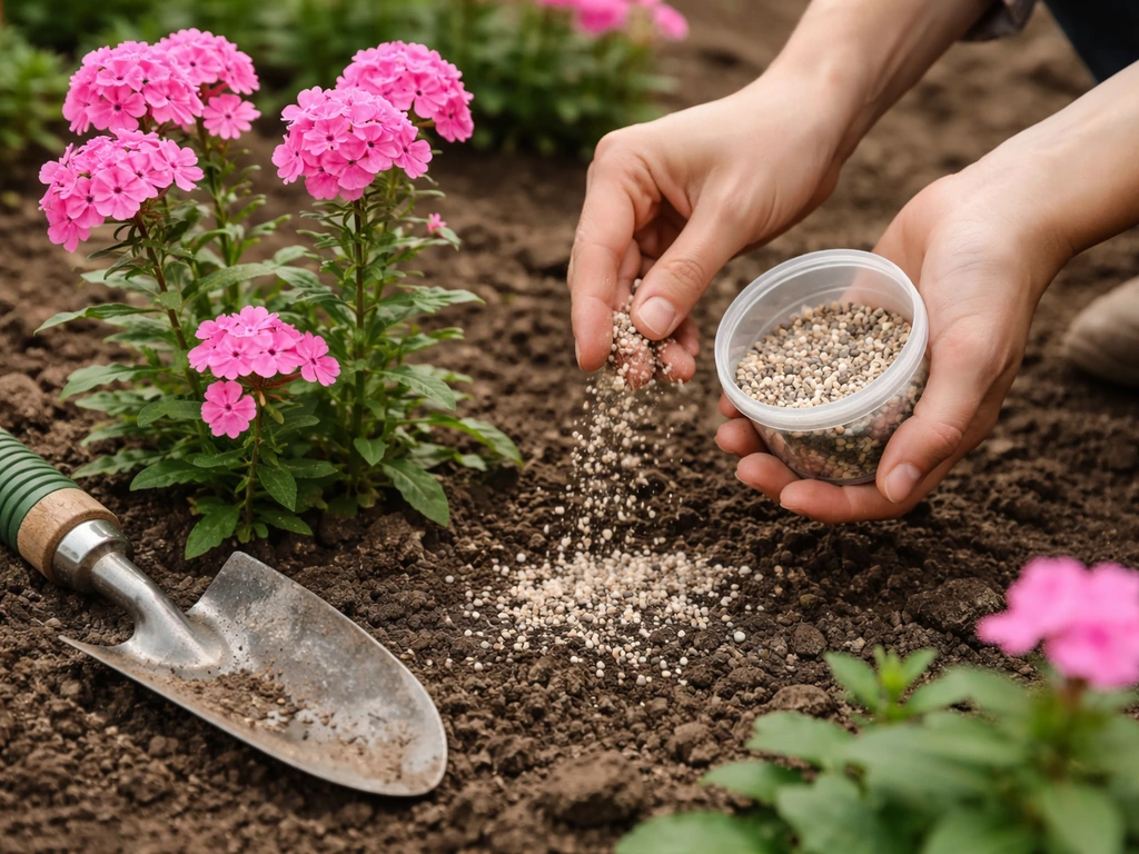 Hands sprinkling granular phosphorus-forward fertilizer onto blooming pink flowers in a garden bed.
