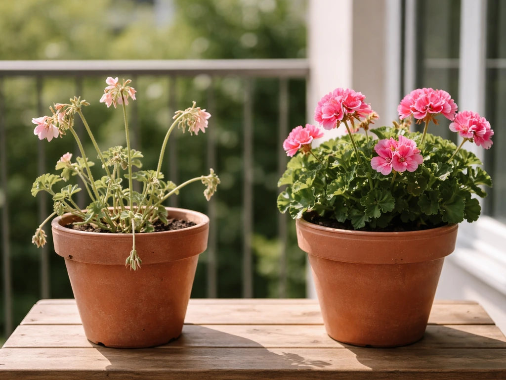 Side-by-side potted flowering plants: one leggy and pale, one healthy with bright pink blooms in sunny light.