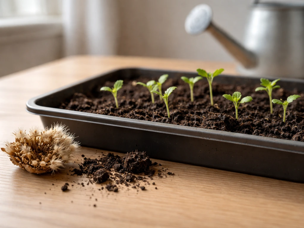Dried chrysanthemum seed head next to a few green seedlings emerging in a small soil tray.